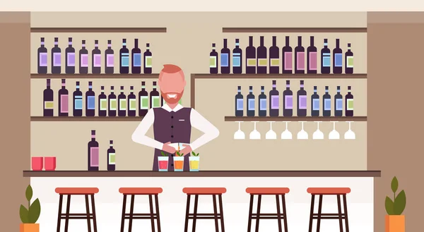 Бармен, використовуючи шейкер, роблячи коктейлі бармен в уніформі змішування напоїв наливний напій в окулярах сучасний ресторан інтер'єр плоский горизонтальний — стоковий вектор