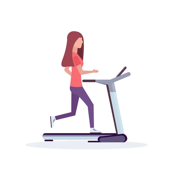 Mujer corriendo cinta de correr sportswoman trabajar fuera de concepto de estilo de vida saludable personaje de dibujos animados femeninos longitud completa fondo blanco plano — Archivo Imágenes Vectoriales