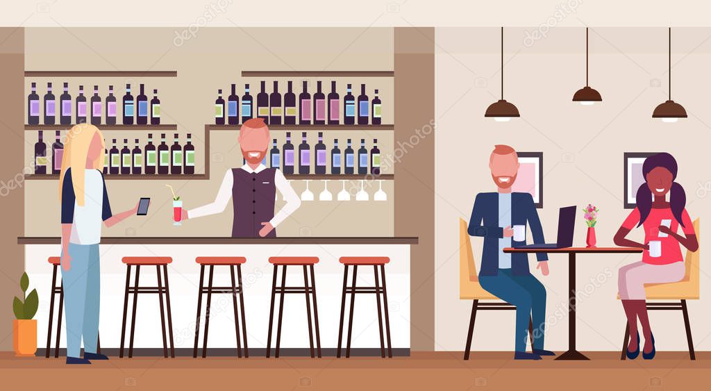 woman standing at bar counter drinking alcohol bartender holding wine bottle and glass barman serving client modern restaurant interior flat horizontal vector illustration