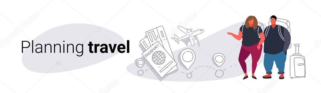 Fat obese man woman travelers standing together overweight couple planning travel concept people with baggage choosing hotel and tickets booking sketch doodle horizontal banner vector