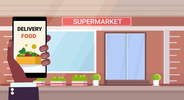 Online mobil applikation mat leverans konceptet moderna livsmedelsbutiker shop stormarknad exteriör horisontella — Stock vektor