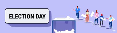 election day concept men women voters casting ballots at polling place during voting people putting paper ballot in box climbing stairs up full length sketch horizontal banner clipart