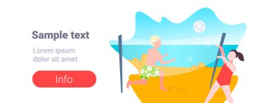 adam kadın voleybol çift deniz plaj aktif yaşam tarzı yaz tatil kavramı çizgi film karakterleri tam uzunlukta sahil yatay kopya alanı üzerinde eğleniyor voleybolu top oynamaya