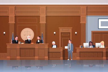 Yargıcın Sekreteri şüpheli ve avukat veya avukat bir konuşma mahkeme oturum modern mahkeme iç tam uzunlukta yatay veren ile hukuk süreci