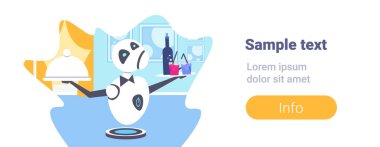 Robot garson servis yiyecek ve içecekler için ziyaretçiler yapay zeka kavramı dijital futuristik teknoloji yatay banner düz tam uzunlukta kopya alanı