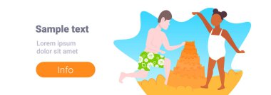 yarış çocuk deniz plaj yaz tatil kavramı erkek ve kız eğleniyor Sandcastle bina karışımı kum sahil düz yatay banner tam uzunlukta kopya alanı ile oynamak