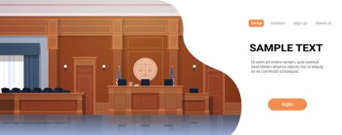 Yargıç işyeri ve jüri kutusu koltuk modern Adliye iç adalet ve hukuk kavramı yatay banner kopya alanı ile boş mahkeme