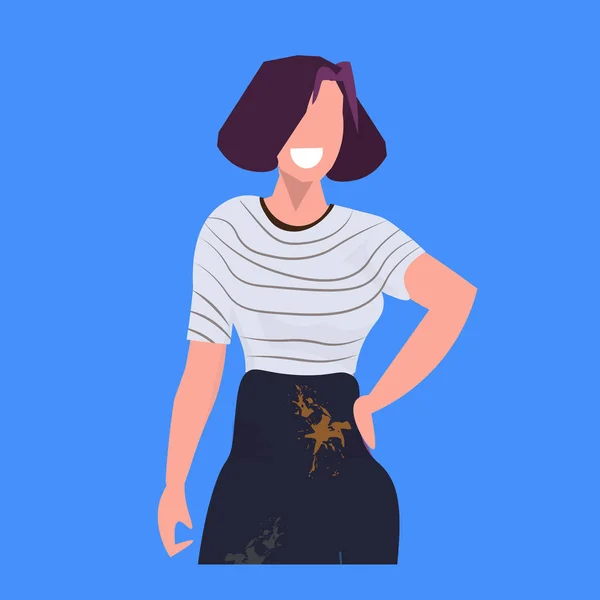 Femme peintre dans noir tablier pose debout profession concept heureux femme dessin animé personnage portrait plat bleu fond — Image vectorielle