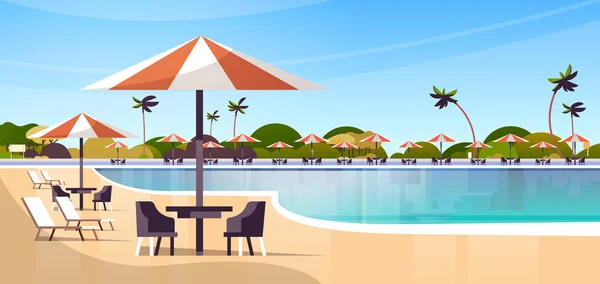 Hotel de lujo piscina resort con sombrillas escritorios y sillas restaurante muebles alrededor del concepto de vacaciones de verano hermoso paisaje horizontal — Vector de stock