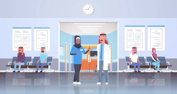 Arab doctor and african arabic nurse discussing in hospital waiting hall corridor patients consultation and diagnosis healthcare concept clinic interior full length horizontal flat — Stock Vector
