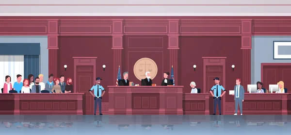 Processus juridique avec juge jury suspect et policiers avocat ou avocat donnant une séance de parole tribunal moderne tribunal intérieur pleine longueur horizontale — Image vectorielle