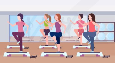 sports women group doing squats on step platform girls training in gym aerobic legs workout healthy lifestyle concept flat modern health club studio interior horizontal clipart