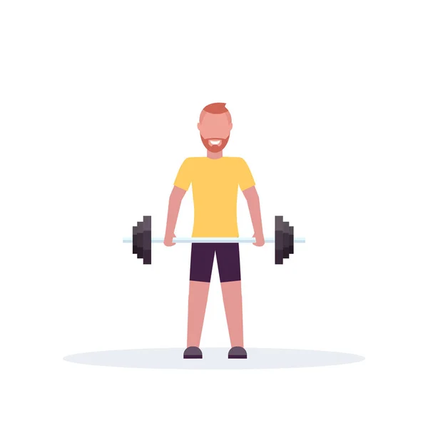 Hombre deportivo levantar la barra con pesas entrenamiento del culturista en el gimnasio ejercitar estilo de vida saludable concepto de pie pose plano fondo blanco — Vector de stock