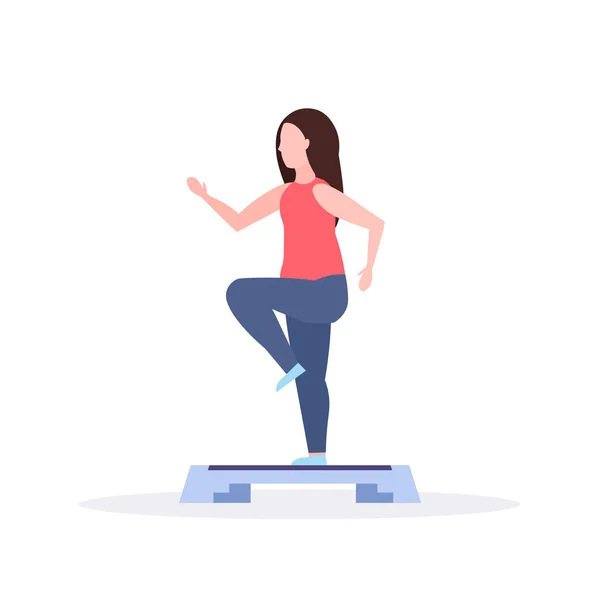 Deportes mujer haciendo sentadillas en paso plataforma chica entrenamiento en gimnasio aeróbico piernas entrenamiento estilo de vida saludable concepto plano fondo blanco — Archivo Imágenes Vectoriales