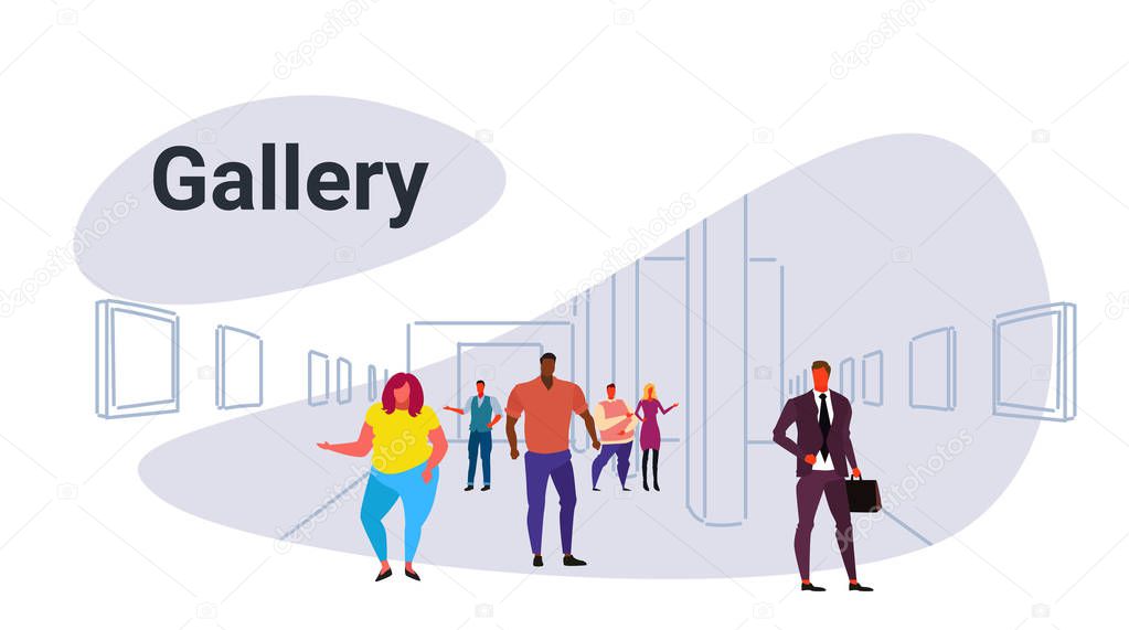 mix race people looking modern art gallery diversity men women visitors viewing exhibits contemporary paintings artworks museum hall interior sketch doodle horizontal