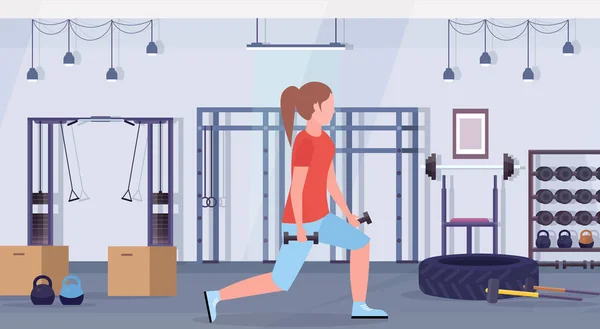 Mujer deportiva haciendo sentadillas con pesas chica entrenamiento en gimnasio nalgas entrenamiento estilo de vida saludable concepto moderno club de salud estudio interior horizontal — Vector de stock