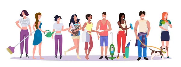 Αναμείξτε τους ανθρώπους του αγώνα καθαρισμού ομάδα κάνει οικιακές δουλειές άνδρες γυναίκες στέκεται μαζί νοικοκυριό έννοια αρσενικό θηλυκό καρτούν χαρακτήρες πλήρους μήκους οριζόντια banner — Διανυσματικό Αρχείο