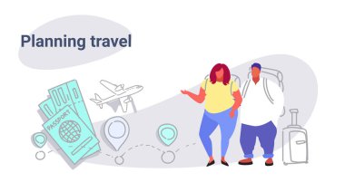 Fat obese man woman travelers standing together overweight couple planning travel concept people with baggage choosing hotel and tickets booking sketch doodle horizontal vector