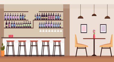 alkol şişeleri ile modern kokteyl bar boşalt insanları Restoran iç sayaç yüksek sandalye tablo yok düz yatay