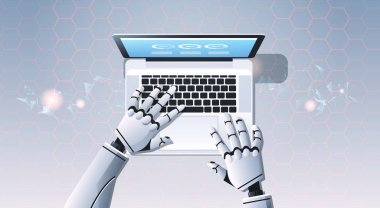 robot eller en iyi açı tipik dizüstü bilgisayar kullanan yapay zeka dijital futuristik teknoloji kavramı düz yatay görüntüleme