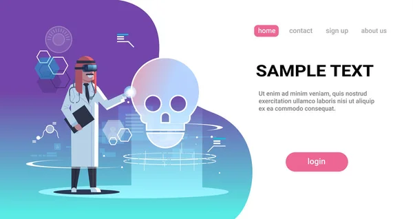 Médico árabe con gafas digitales mirando realidad virtual cráneo órgano humano anatomía cuidado de la salud médico vr auriculares visión concepto de longitud completa espacio de copia horizontal — Archivo Imágenes Vectoriales