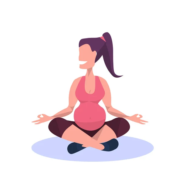 Mladá těhotná žena cvičí jógu šťastná dívka sedící lotosu představují meditaci těhotenství fitness zdravého životního stylu koncept ženské kreslená postava bílé pozadí ploché — Stockový vektor