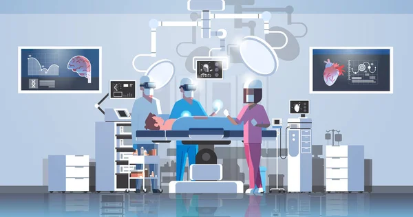 L'équipe de chirurgiens entourant le patient sur la table d'opération les travailleurs médicaux portant des lunettes de réalité virtuelle regardant le cerveau et le coeur infographie high tech salle d'opération horizontale pleine longueur — Image vectorielle