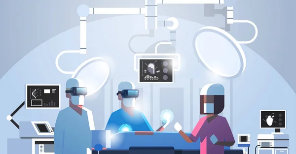 Medisch team chirurgen een virtuele realiteit holografische hololens bril opereren patiënt high-tech operatie kamer horizontale portret — Stockvector