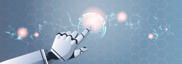 Robot kezét, megható absztrakt virtuális felhasználó illesztő touchscreen mesterséges intelligencia digitális futurisztikus technológia koncepció vízszintes, sík — Stock Vector