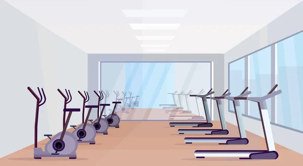 跑步机和固定自行车现代设备体育活动健康的生活方式概念空没有人健身房室内设计水平 — 图库矢量图片