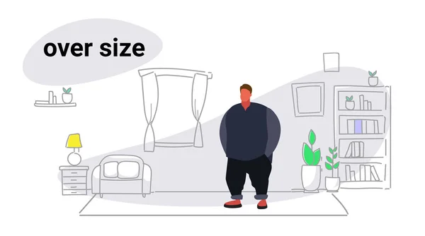 Abdômen gordura sobrepeso homem gordo cara obesidade mais de tamanho conceito estilo de vida pouco saudável moderna sala de estar interior completo esboço doodle horizontal — Vetor de Stock
