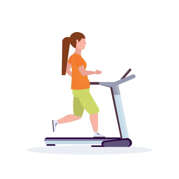 Frau läuft Laufband Sportlerin arbeitet gesund Lifestyle-Konzept weibliche Zeichentrickfigur volle Länge flach weißen Hintergrund — Stockvektor