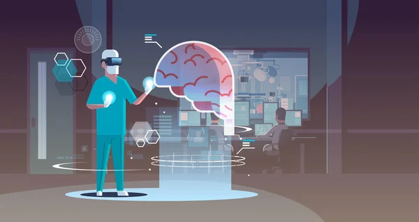 Médecin masculin portant des lunettes numériques à la recherche de réalité virtuelle cerveau humain organe anatomie santé médical vr casque vision concept hôpital salle d'opération intérieur pleine longueur horizontale — Image vectorielle