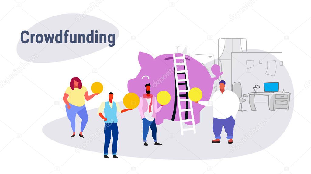 casual people group investment money investor crowdfunding concept businesspeople investing dollar coins piggy bank crowd funding dark background sketch horizontal