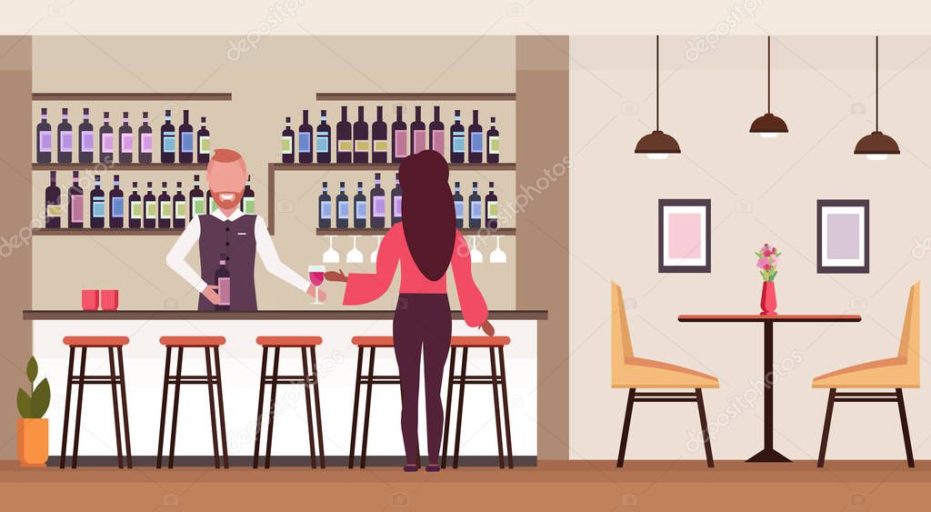 woman standing at bar counter drinking alcohol bartender holding wine bottle and glass barman serving client modern restaurant interior flat horizontal