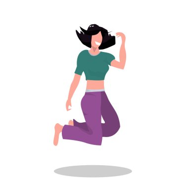 mutlu kız havada poz stüdyo mutlu kadın atlama kavramı kadın karikatür karakter tam uzunlukta düz beyaz arka plan vurdu