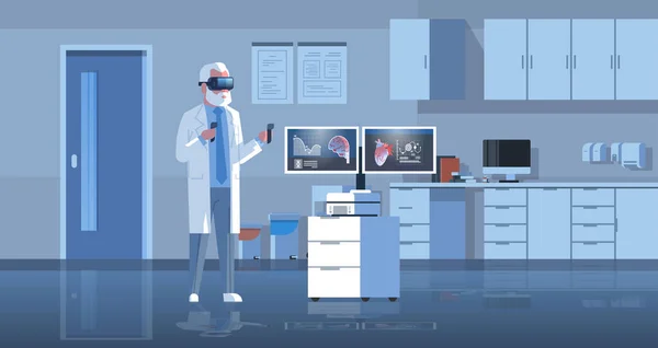 Manliga läkare digitala glasögon att undersöka virtuell verklighet hjärta och hjärna mänskliga organ anatomi medicinsk vr headset vision konceptet sjukhus office interiör full längd horisontella — Stock vektor