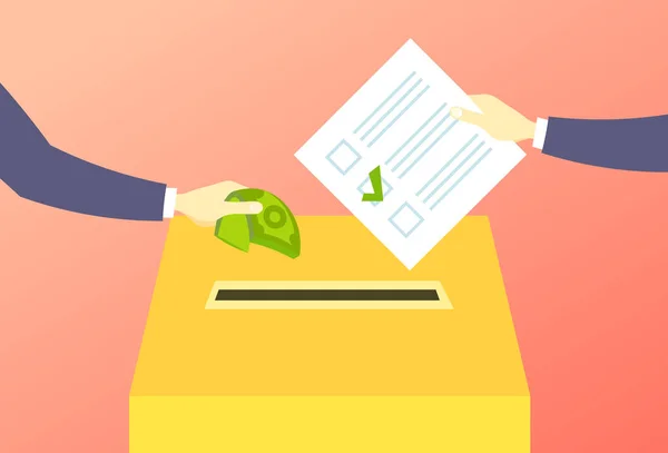 Eleitor colocando lista de cédula de papel em caixa vendendo mão voto dando dinheiro durante a eleição conceito de corrupção plana horizontal — Vetor de Stock