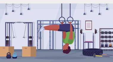 Ring yapan sportif erkek egzersizleri ile jimnastik yüzük Afro-Amerikan çocuk eğitim kardiyo crossfit egzersiz kavramı modern bir spor salonu sağlık kulübü studio iç yatay tam uzunlukta dips