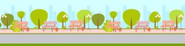 Kentsel şehir boş yok insanlar park yeşil ağaçlar ve ahşap banklar cityscape arka plan düz yatay banner