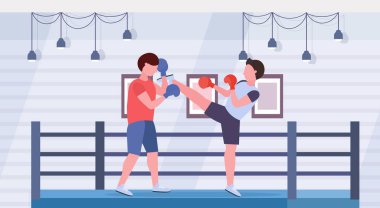 İki boksör kick boks egzersizleri savaşçıları birlikte modern dövüş kulübü halka arena iç sağlıklı yaşam kavramı düz yatay tam uzunlukta pratik eldiven eğitim
