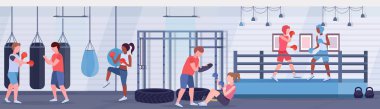 mix yarış boksörler pratik boks halka arena egzersiz eldiven savaşçıları egzersizleri dövüş kulübü kum torbaları modern bir spor salonu iç sağlıklı yaşam konsepti yatay ile