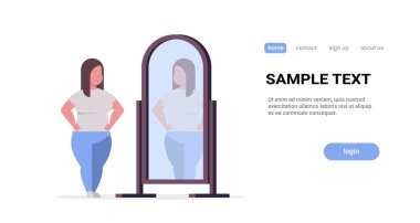 üzgün kilolu kadın kendini yansıma boyutu obezite kavramı düz tam uzunlukta yatay kopya alanı beyaz bir arka plan üzerinde ayna obez kız arıyor