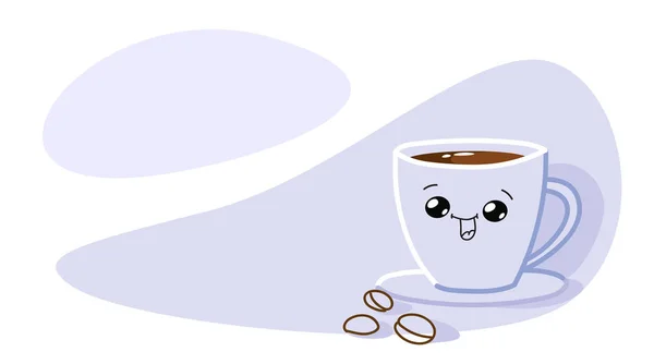 Happy cute usmívající se šálek kávy s legrační obličej kawaii charakter horký nápoj horizontální — Stockový vektor
