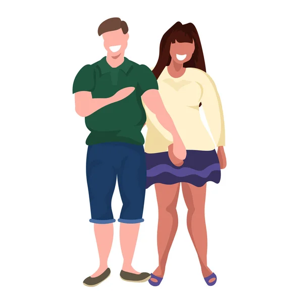 Gorda obesa pareja de pie juntos sonriendo sobrepeso casual hombre mujer obesidad concepto masculino mujer dibujos animados personajes longitud completa plana fondo blanco — Archivo Imágenes Vectoriales