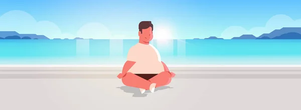 fat obese man sitting lotus pose on sea beach overweight guy relaxing summer vacation concept seaside ocean beautiful landscape background full length horizontal