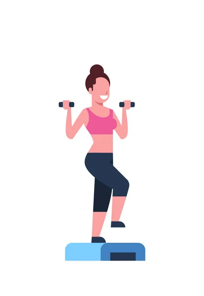 Sporty woman holding dumbbells doing squats on step platform girl training in gym aerobic workout healthy lifestyle concept flat white background vertical — Stock Vector