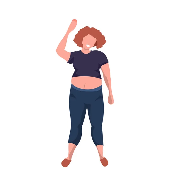 Tlustá obézní žena stojící pozice s úsměvem nadváhu příležitostné dívka obezity koncept ženské kreslený charakter celé délce rovné bílé pozadí — Stockový vektor