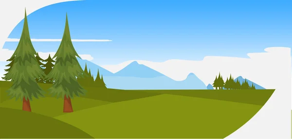 Krásné borové stromy zelené lesní hory a kopce krajiny pozadí přírodní scéna horizontální panorama plochý — Stockový vektor