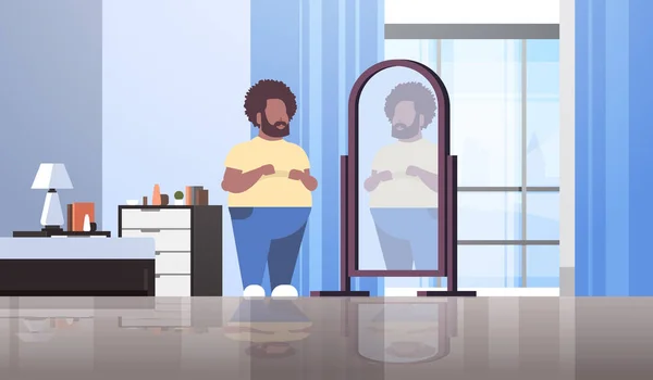슬픈 비만 남자 보고 자신 반사 거울 아프리카계 미국인 남자에 크기 비만 개념 현대 아파트 침실 인테리어 평면 전체 길이 가로 — 스톡 벡터